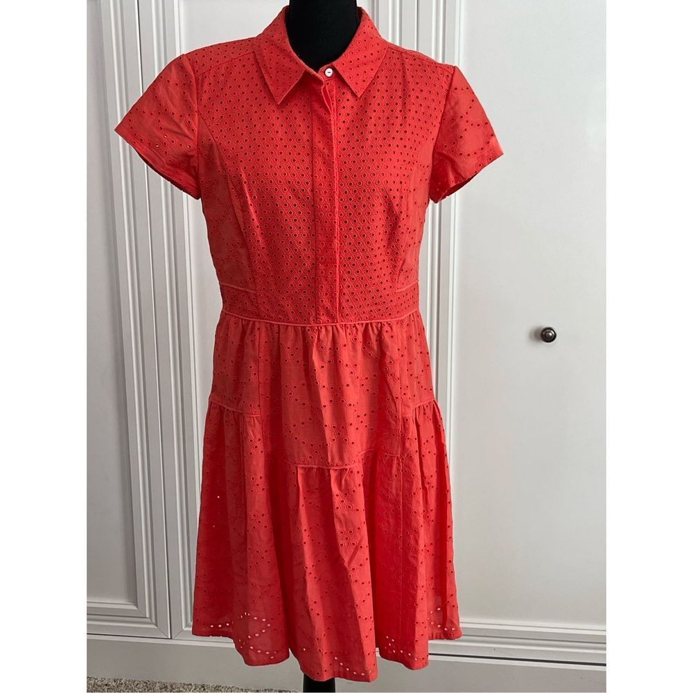 Diane Von Furstenberg Women's Red Eyelet Short-Sleeve Shirt Dress Size 12